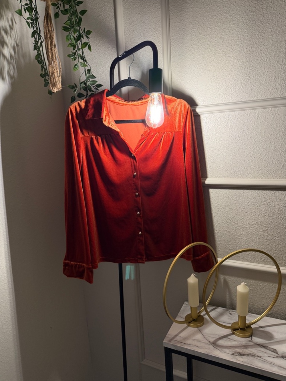 Amazon Velvet Button-Down Blouse in Rust Orange